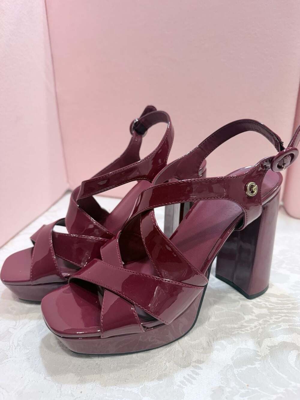GBG Los Angeles Burgundy Patent Cross Strap Platform Block Heel Sandals